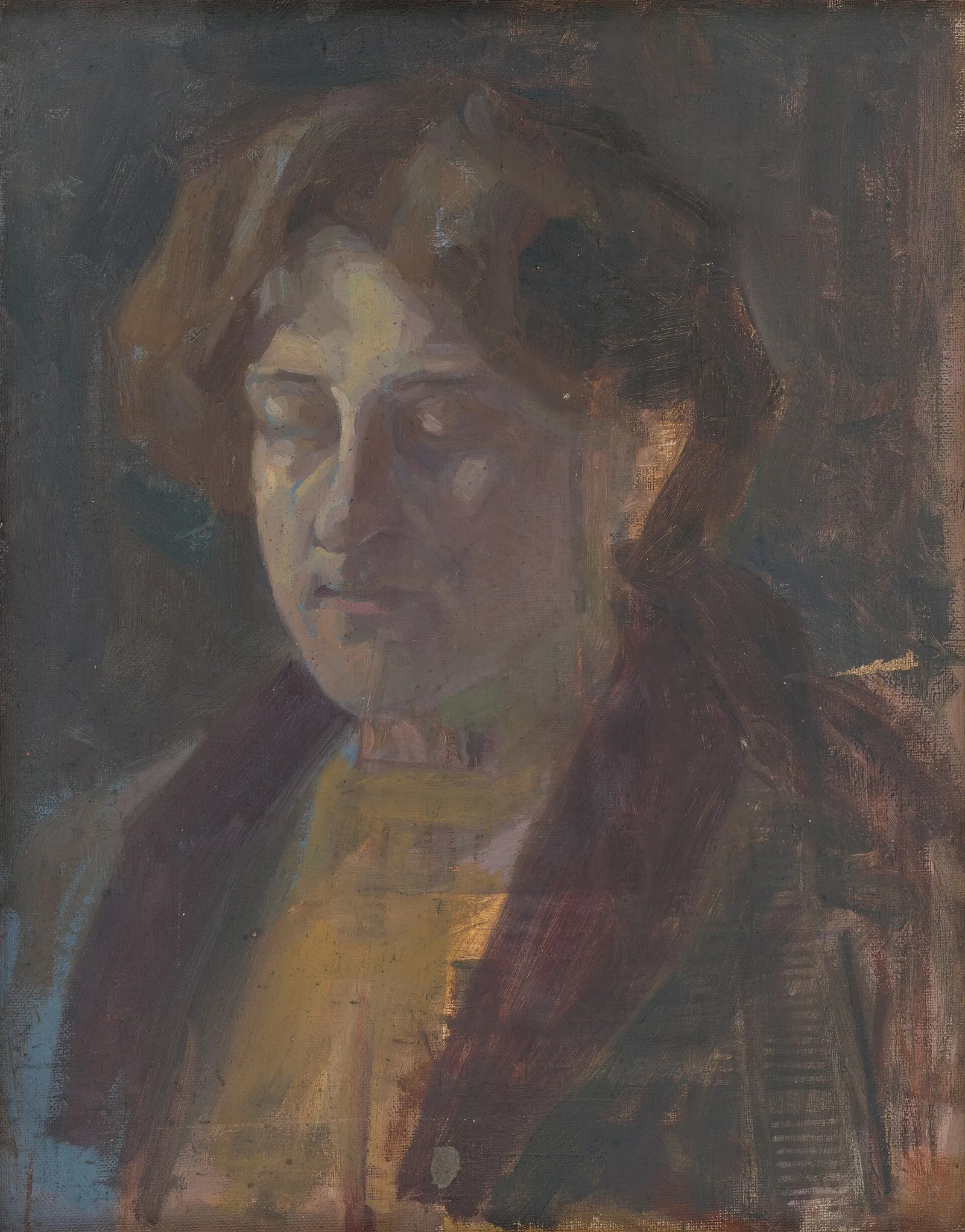 Pintura a óleo de uma mulher de olhos semicerrados, Eduard Putra.